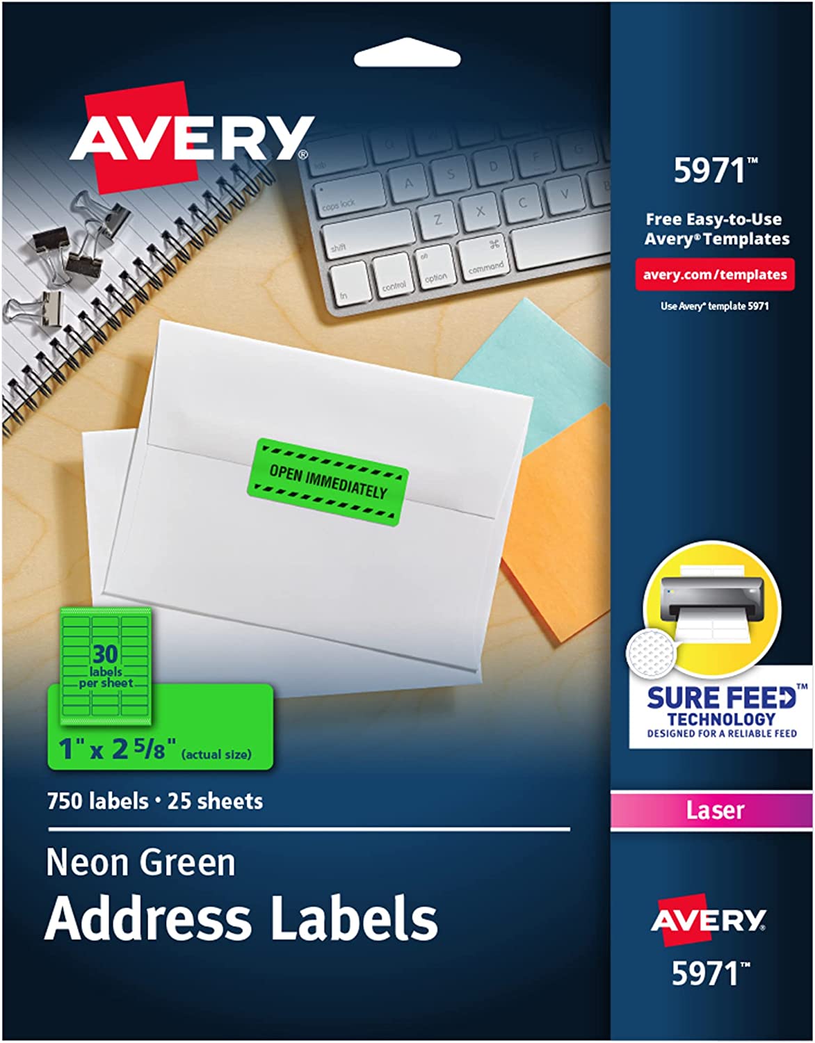 Avery Neon Address Labels with Sure Feed for Laser Printers, 1 x 2 5/8", 750 Green Stickers(5971)