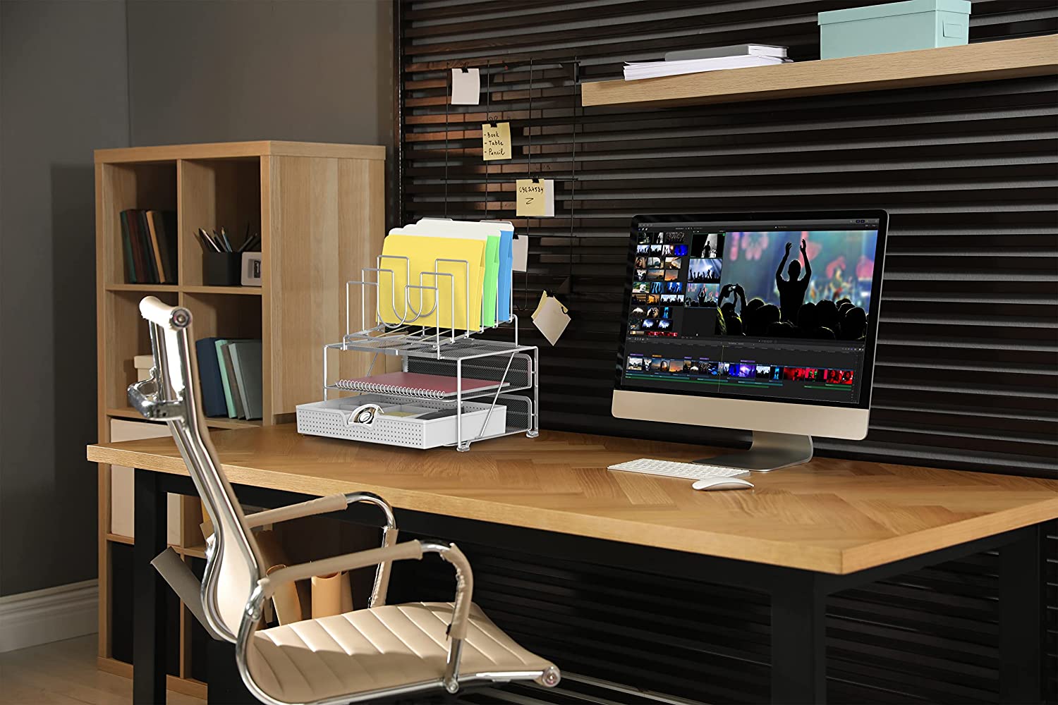 DecoBros Mesh Desk Organizer with Double Tray， 5 Stacking Sorter Sections and Sliding Drawer， Black