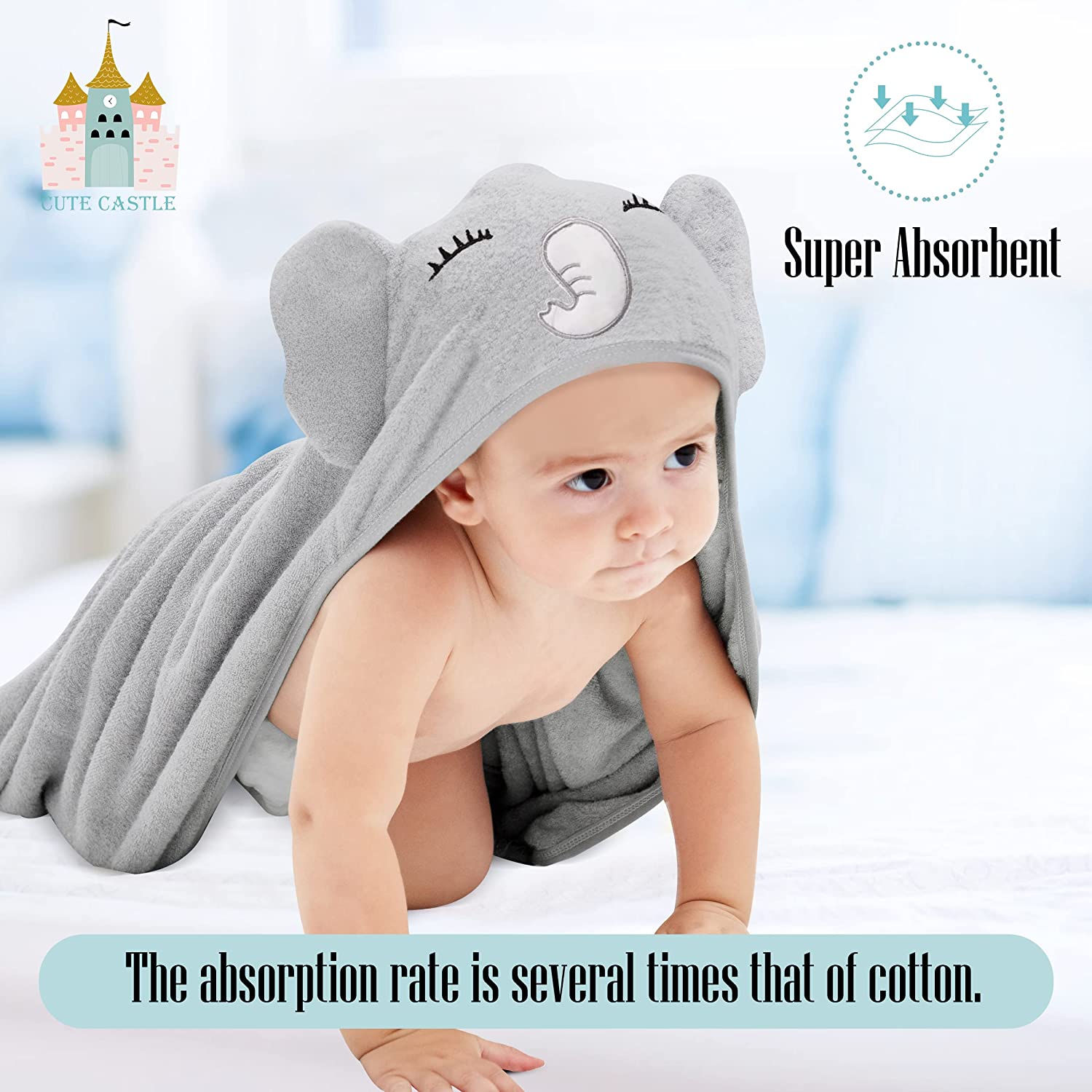 Cute Castle 2 Pack Bamboo Hooded Baby Towel 8 Washcloths - Soft Bath Towel for Bathtub for Newborn, Infant - Ultra Absorbent, Natural Baby Stuff for Boy and Girl (Lovely Elephant, Happy Bird)