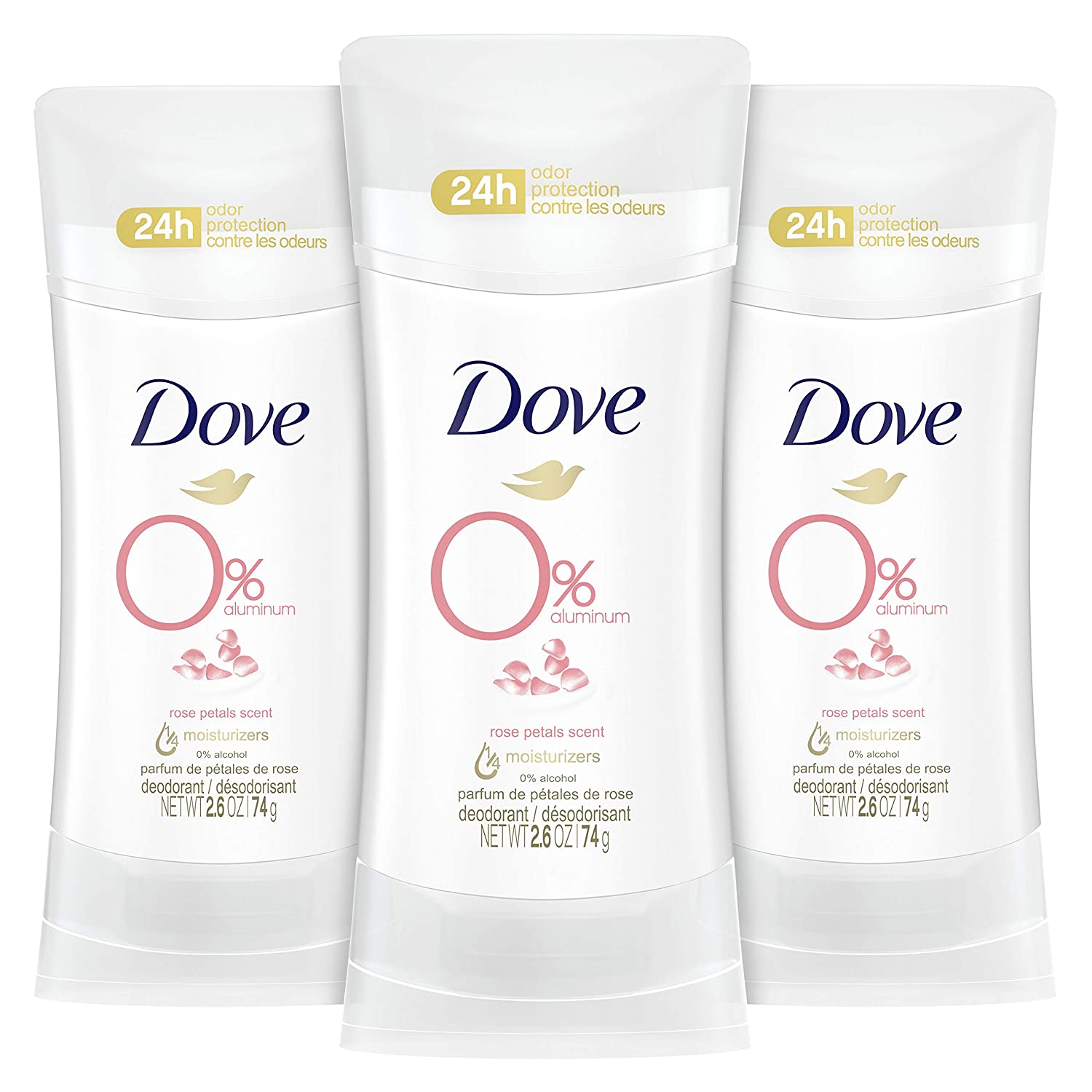 Dove 0% Aluminum Free Deodorant 24-hour Odor Protection Rose Petals Deodorant for Women, 2.6 Ounce (Pack of 3)