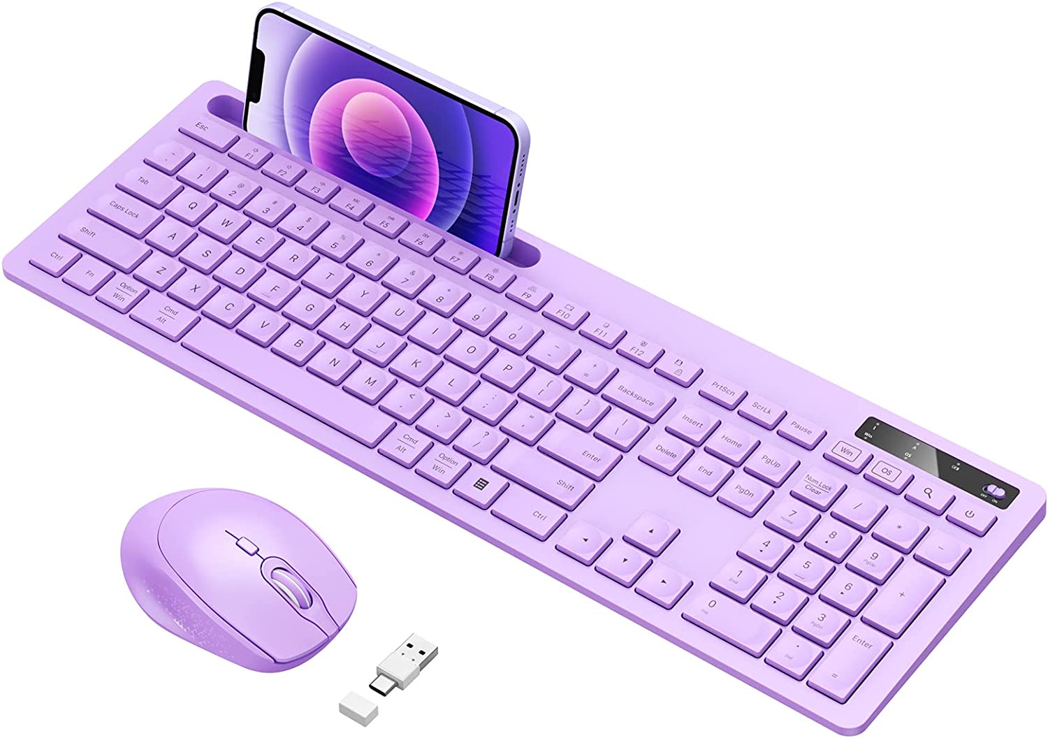 Keyboard and Mouse Wireless, Vivefox Wireless Keyboard with Phone Holder USB A & Type C Receiver Cute Keyboard and Mouse Compatible for Windows, Mac, MacBook/Air/Pro Computer (Purple)