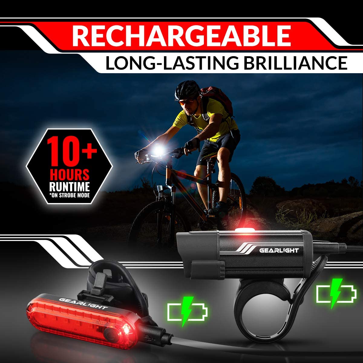 GearLight Rechargeable Bike Light Set S400 - Reflectors Powerful Front and Back Lights, Bicycle Accessories for Night Riding, Cycling - Headlight Tail Rear for Kids, Road, Mountain Bikes