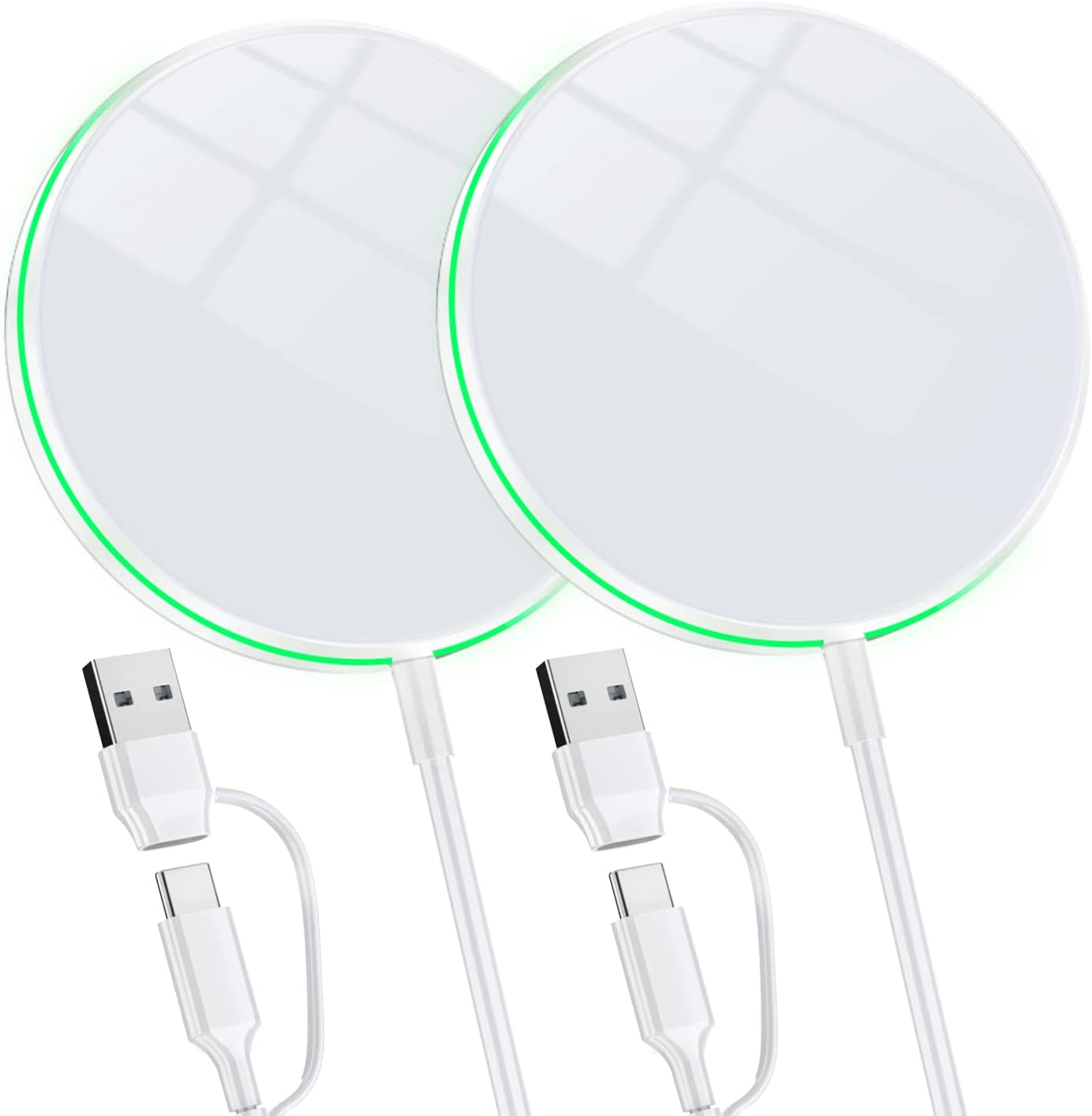 2 Pack Magnetic Wireless Charger 15W Fast Apple Mag-Safe Charger for iPhone 14/13/12 Series Magnet Wireless Charging Pad for AirPods 3/2/Pro Mag Safe Charger with 5ft Dual Charging Port Cable