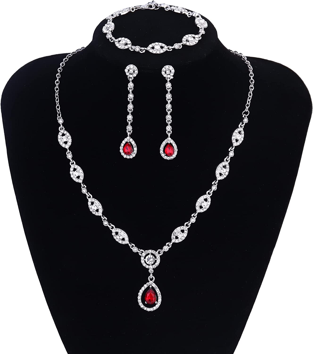 YADOCA Wedding Bridal Jewelry Set For Women Silver Prom Costume Jewelry Sets Rhinestone Crystal Teardrop Necklace Earrings Bracelet Bridesmaid Jewelry Accessories Blue Silver Red Rose Gold