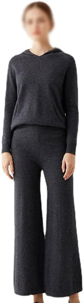 Walnut Two Pieces Cashmere Wool Suits Female Hooded Knit Sweater Set Warm Cashmere Knit Tops and Wide Leg Pant Sets (Color : D, Size : L Code)