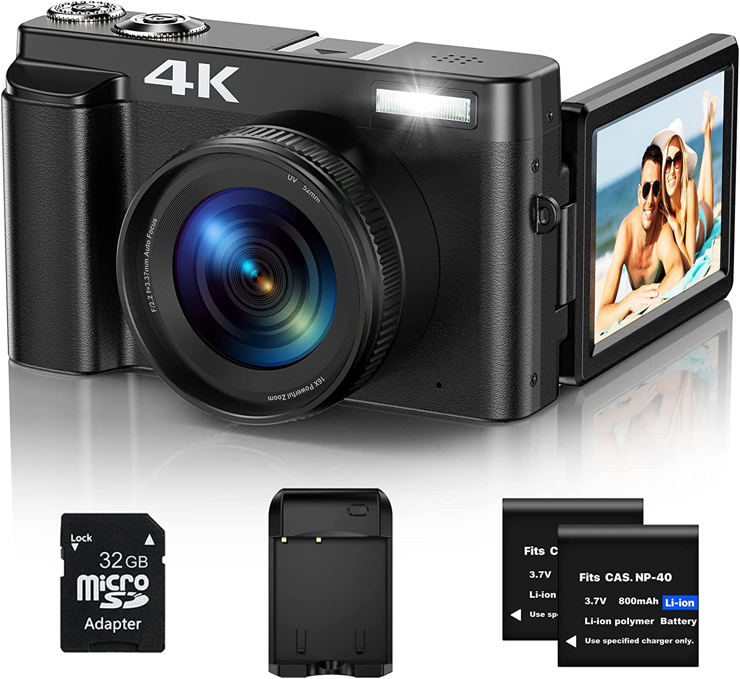 Vlogging Camera, 4K 48MP Digital Camera for Photography with 3” 180 Degree Flip Screen, Autofocus Vlogging Camera for YouTube with 16X Digital Zoom, 32G SD Card, 2 Batteries & Battery Charger