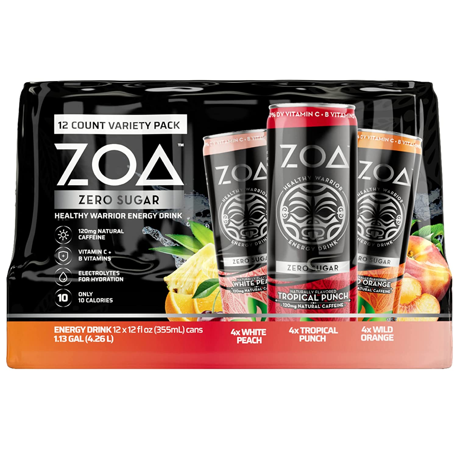 ZOA Zero Sugar Energy Drinks - Healthy Energy Formula with Vitamins， Electrolytes， Antioxidants， 120mg of Natural Caffeine - Variety Pack， 12 Ounce (Pack of 12)