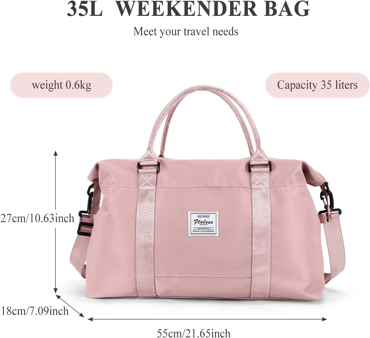 Travel Duffel Bag for Women, Overnight Weekender Bag with Wet Pocket & Trolley Sleeve, Carry On Tote Bag Sports Gym Bag,Pink