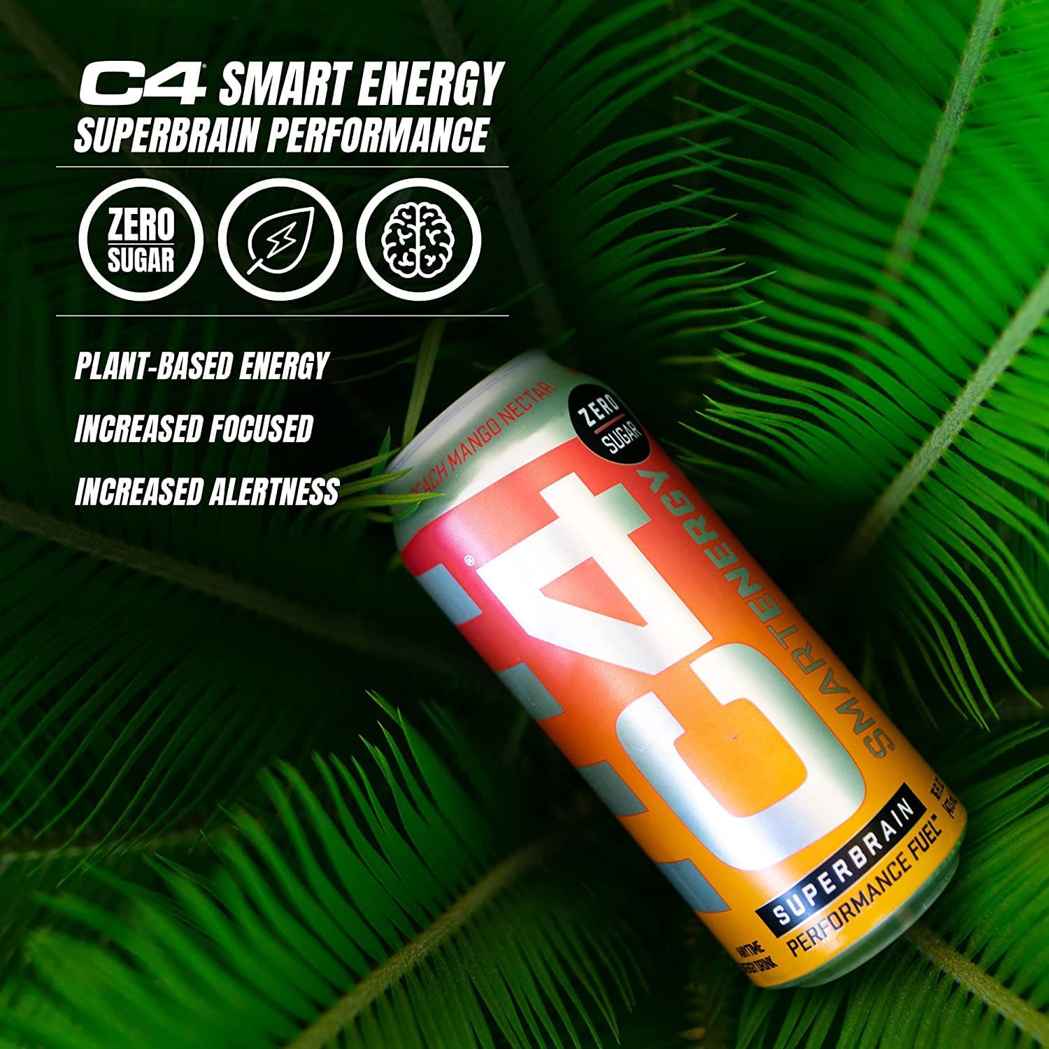 C4 Smart Energy Drink - Sugar Free Performance Fuel &amp; Nootropic Brain Booster， Coffee Substitute or Alternative | Peach Mango Nectar 12 Oz - 12 Pack
