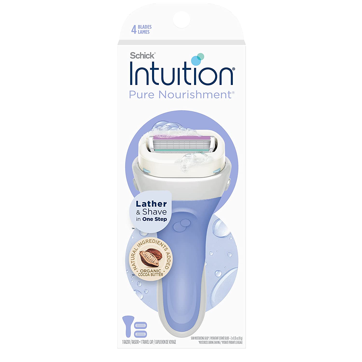 Schick Intuition Pure Nourishment Razors for Women | 1 Razor & 2 Intuition Razor Blades Refill with Organic Cocoa Butter