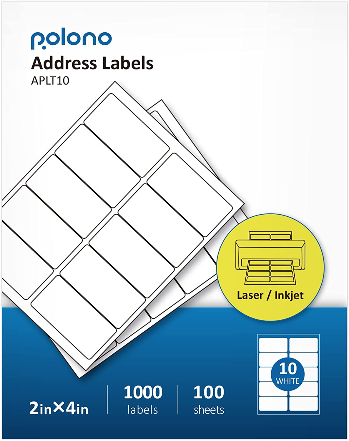 2" x 4" Shipping Address Labels Compatible with Avery 5163 8163, POLONO Internet Mailing Shipping Labels, White Sticker Labels for Laser/Inkjet Printer, Permanent Adhesive (1000 Labels, 100 Sheets)