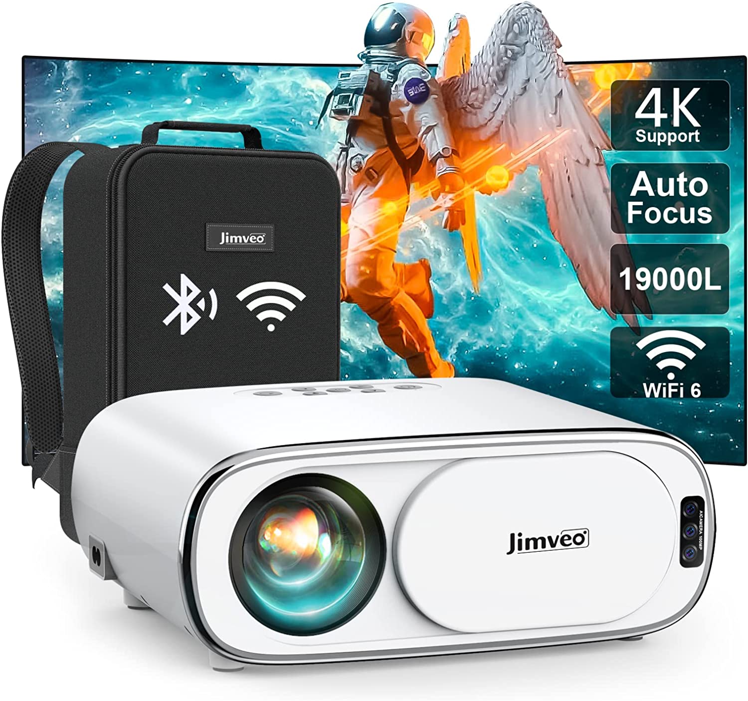 [Auto-Focus] Projector with WiFi 6 and Bluetooth:Jimveo 490 ANSI 19000L Native 1080P Outdoor Movie Projector 4k Support,Auto 6D Keystone&50% Zoom,Portable Smart Home LED Video Projector for Phone/PC