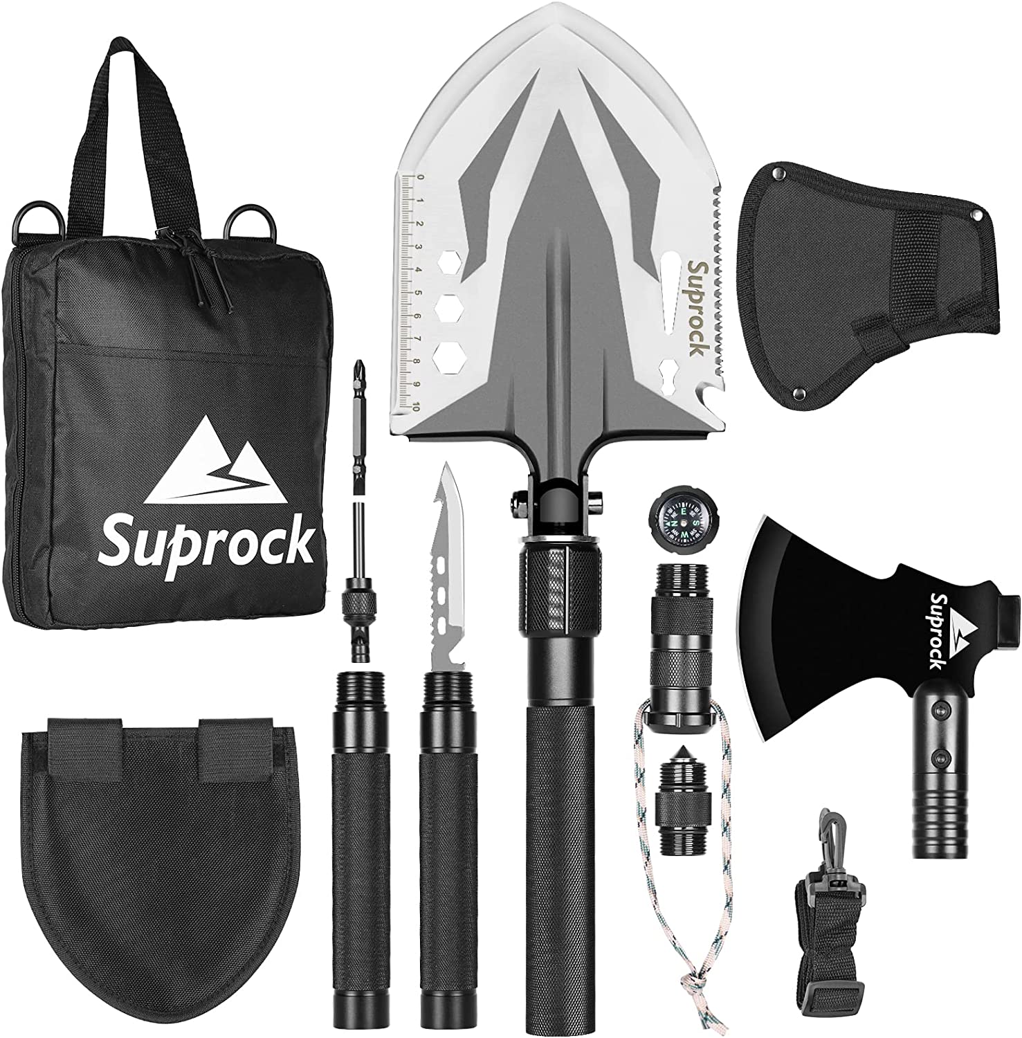 Suprock Survival Shovel High Carbon Steel Tactical Shovel Axe Military Folding Entrenching Tool Camping Hiking Camping Shovel Carrying Pouch Car Emergency Survival Gear (Black)