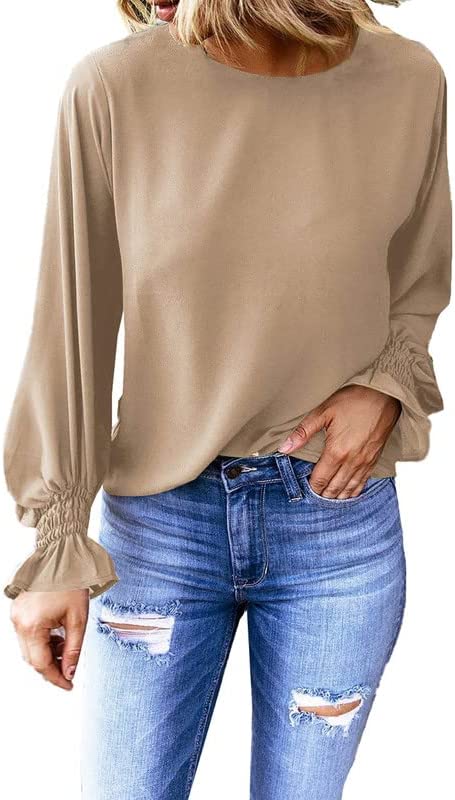 Dokotoo Womens 2023 Summer Long Sleeve Ruffle Bubble Sleeve Casual Loose Shirts Tops and Blouses