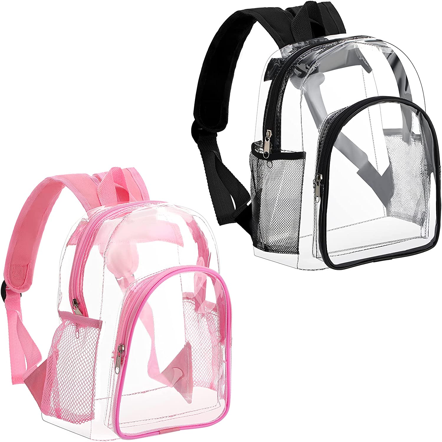 Frienda 2 Pcs Cute Clear Backpack Plastic Transparent Bookbag See Through Plastic Bookbag for 1-5 Year Old (Black, Pink)