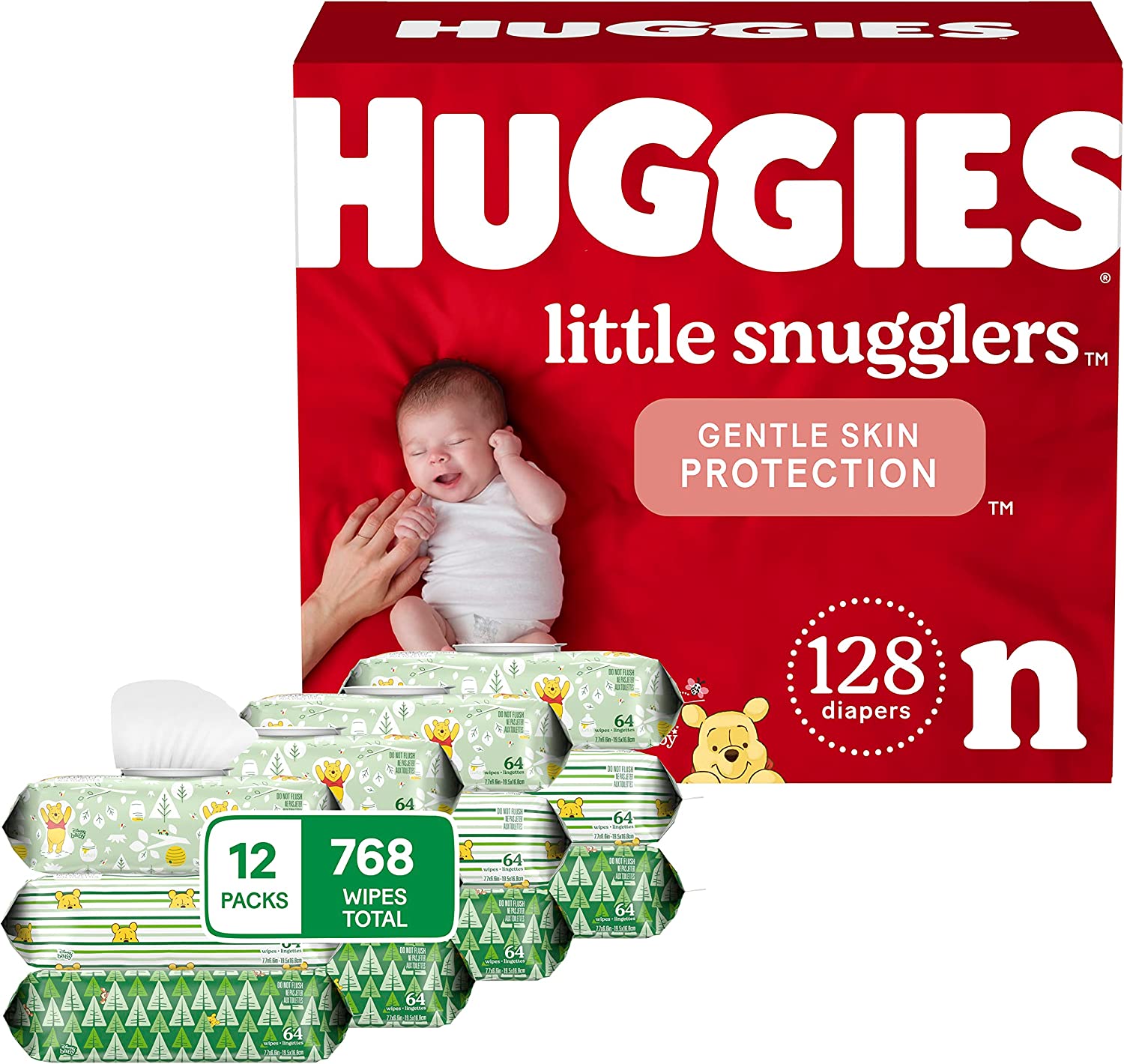 Baby Diapers and Wipes Bundle: Huggies Little Snugglers Newborn Size, 128ct & Natural Care Sensitive Baby Diaper Wipes, Unscented, 12 Flip-Top Packs (768 Wipes Total)