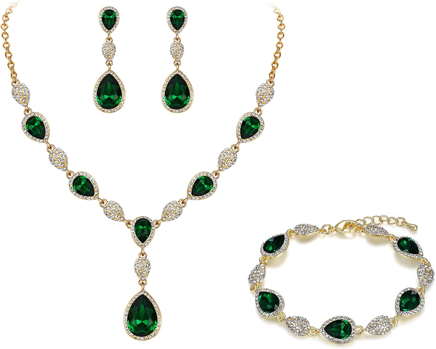 EleQueen Women's Wedding Bridal Jewelry Sets for Brides Bridesmaids, Cubic Zirconia Teardrop Necklace Tennis Bracelet Dangle Earrings Jewellery Set