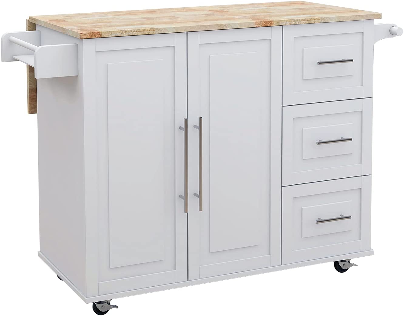 CNPRAZ Cabinet, Kitchen Island with Spice Rack, Towel Rack and Extendable Solid Wood Top, Multi Purpose, Large Storage - White