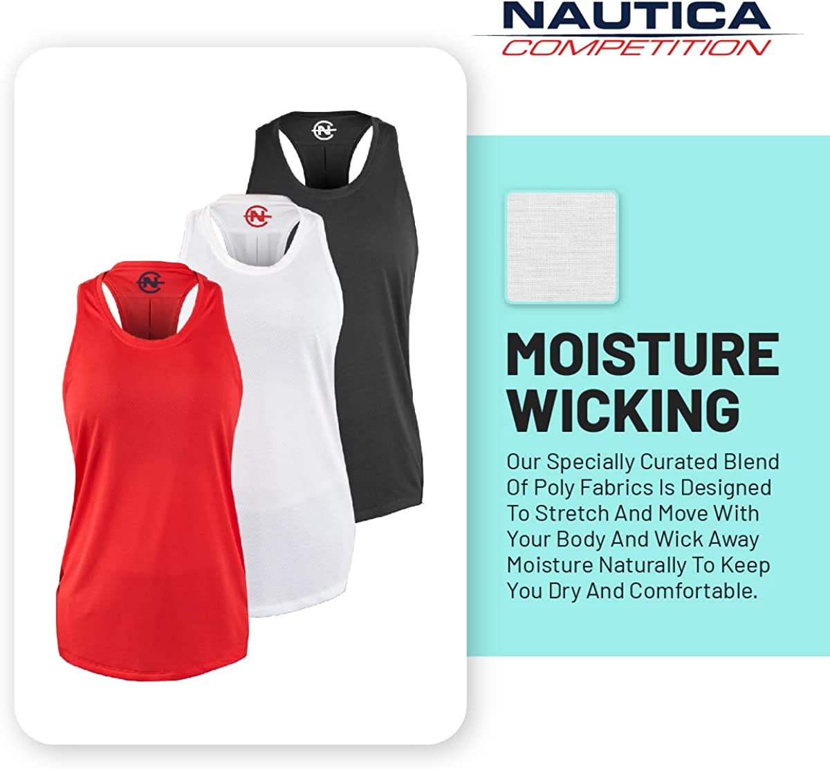 Nautica Competition 3 Pack Workout Tank Tops for Women Active Athletic Gym Workout Running Exercise Yoga Dry-Fit Fabric