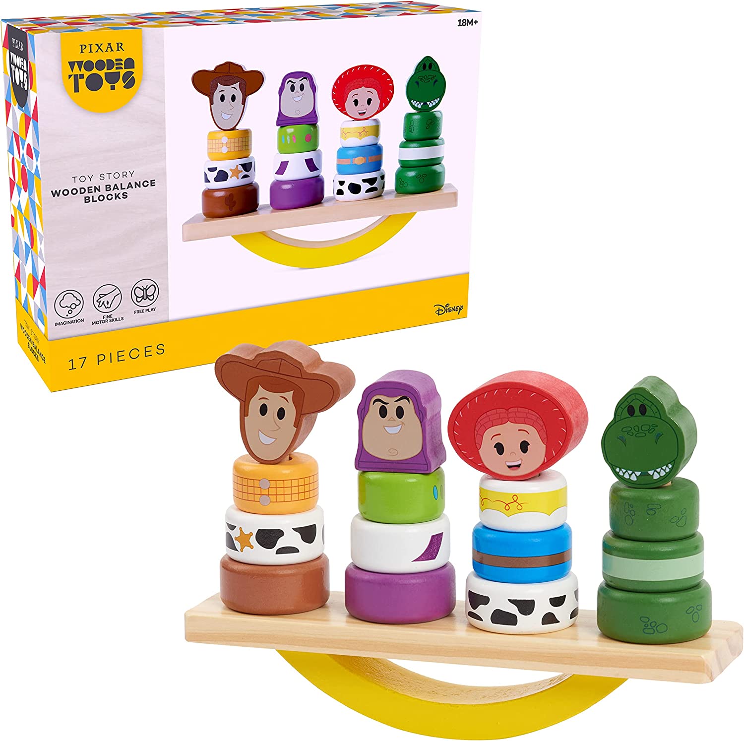 Disney Wooden Toys Toy Story Balance Blocks, 17-Piece Set Features Woody, Buzz Lightyear, Jessie, and Rex, Amazon Exclusive, by Just Play