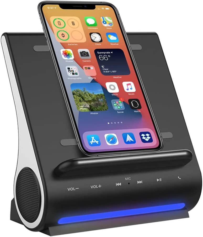 Fast Charging Wireless Charger, Bluetooth Premium Speakers, Docking Station with Built in Mic Handsfree Call, 4 in 1 Station for iPhone 14/13/12/11/X Samsung Galaxy S22/S21/S20