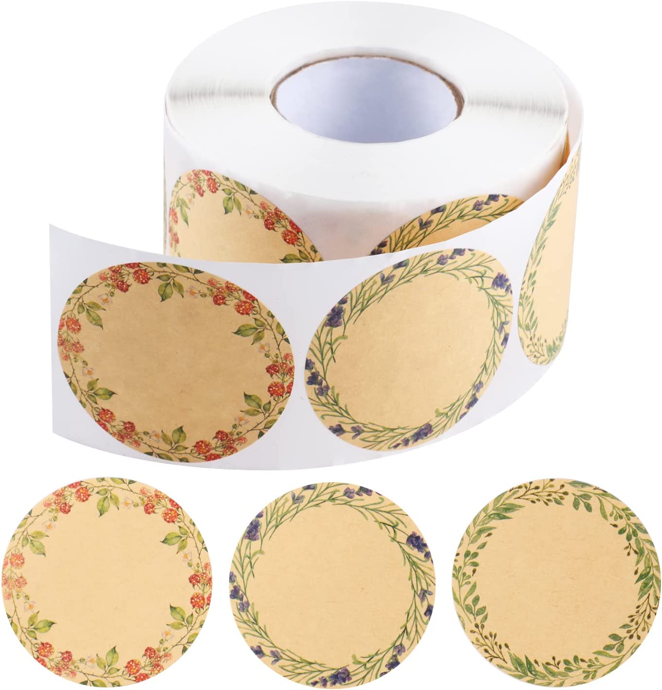 600 Pcs 2" Canning Jar Labels Stickers, Kraft Gift Name Labels Tags Stickers Floral Round for Mason Jars Lids Spice Labels Bottle Labels with 3 Pattern Designs (Brown)