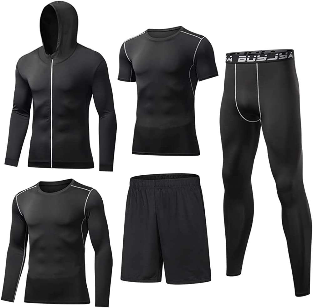 BUYJYA 5Pcs Men's Compression Pants Shirt Top Long Sleeve Jacket Athletic Sets Gym Clothing Mens Workout Valentine's Day gift