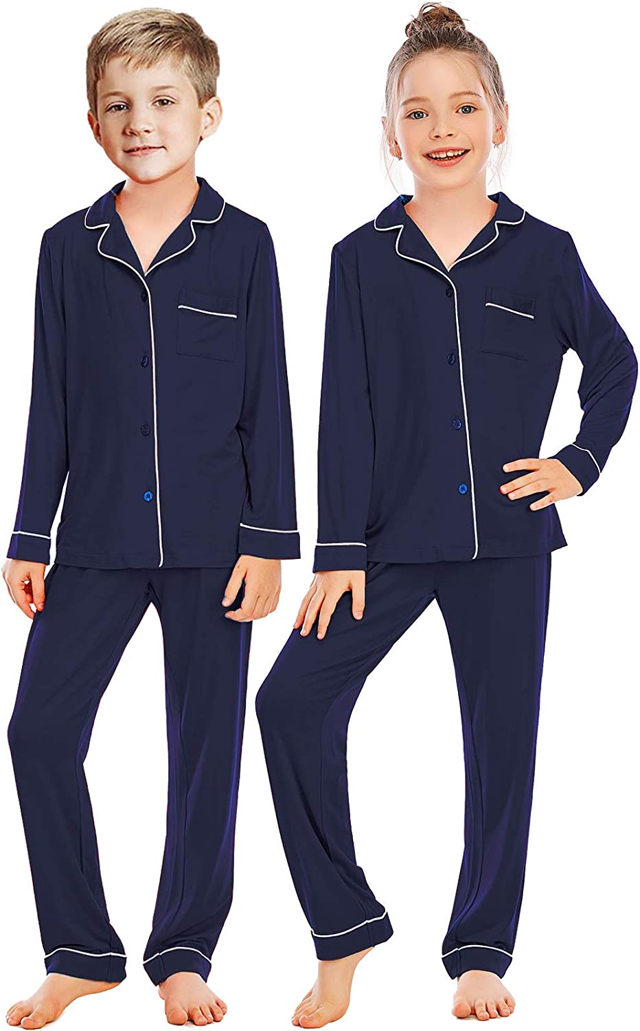 Veseacky Unisex Girls Boys Pajamas Long Sleeve Sleepwear Button-Down 2 Pcs Pjs Set for 5-14 Years