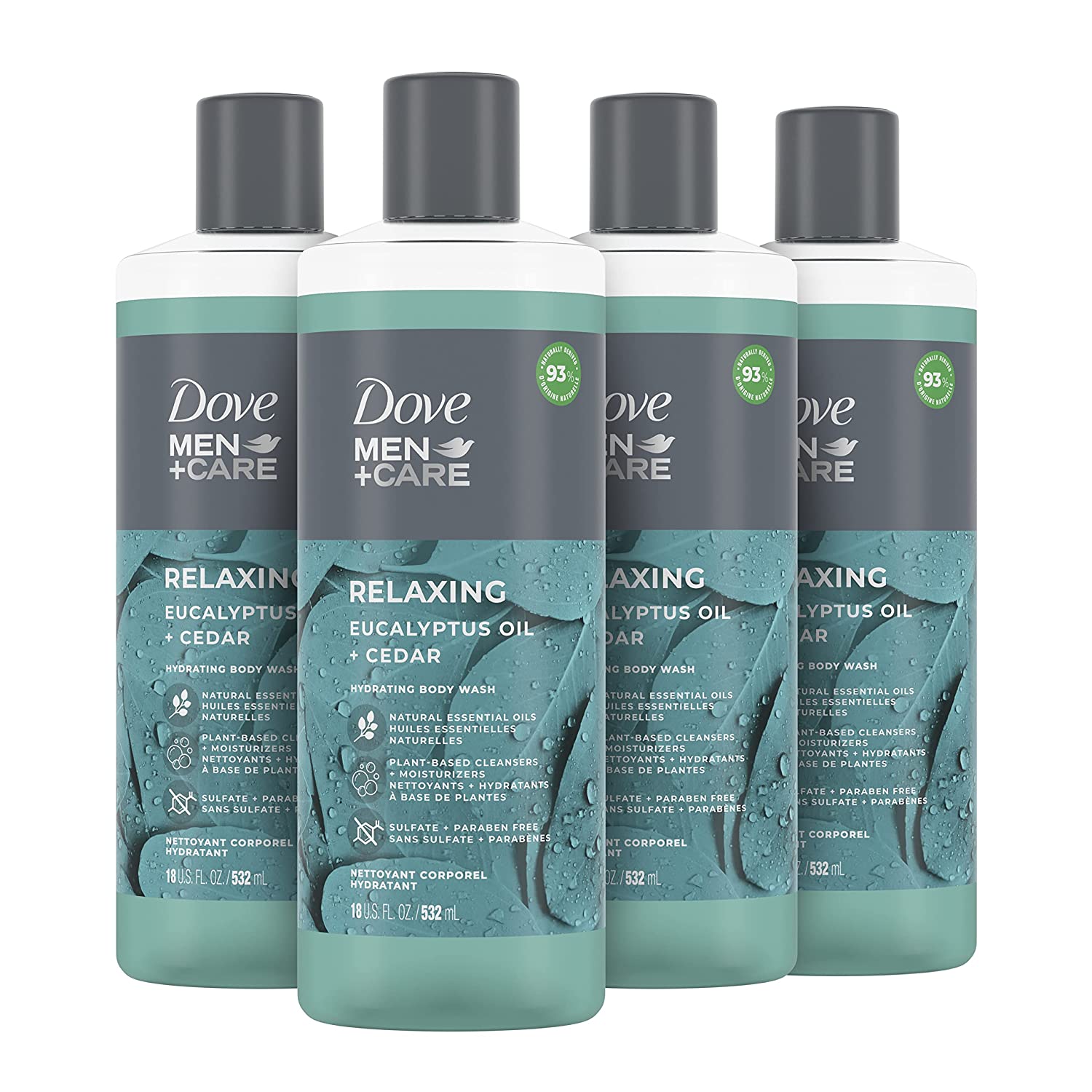 Dove Men+Care Body Wash for a refreshing shower experience Eucalyptus Cedar Body Wash for Men, 18 Fl Oz (Pack of 4)