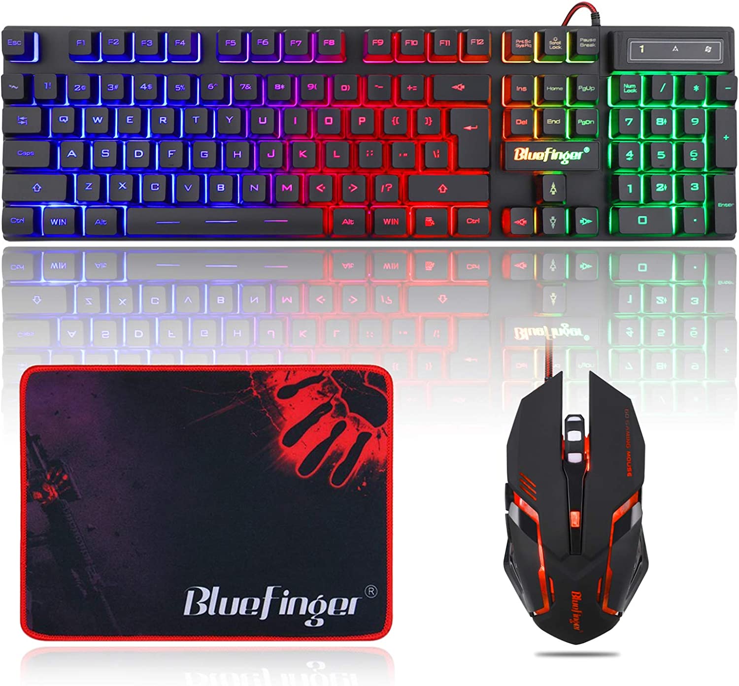 BlueFinger RGB Gaming Keyboard and Backlit Mouse Combo, USB Wired Backlit Keyboard, LED Gaming Keyboard Mouse Set for Laptop PC Computer Game and Work