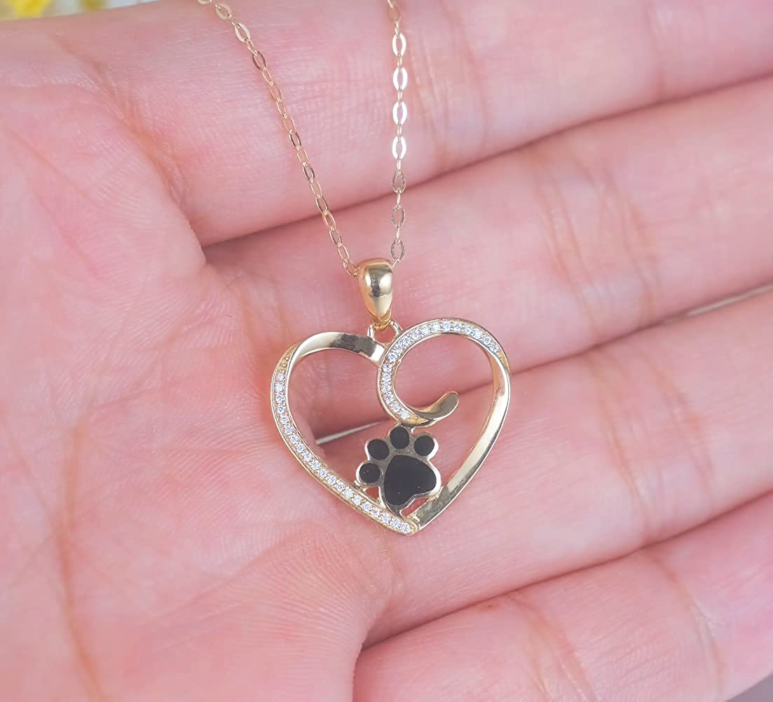 SISGEM 14k Gold Heart Pendant Necklace for Women, Real Gold Dog Cat Paw Print Jewelry Gifts for Her, 16-18 Inch