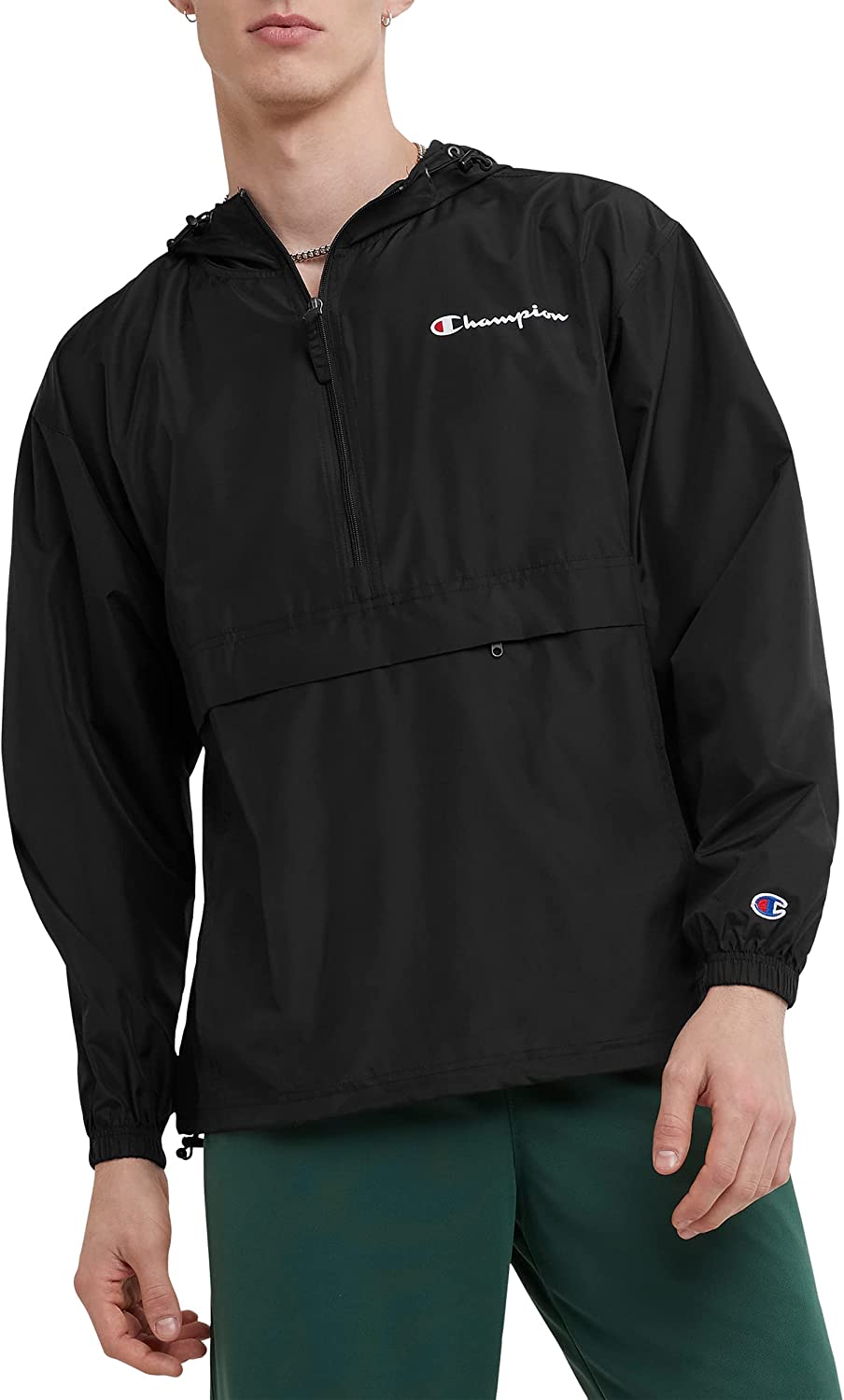 Champion Men's Packable Recycled Windbreaker Jacket, Wind- and Water-Resistant Hooded Jacket