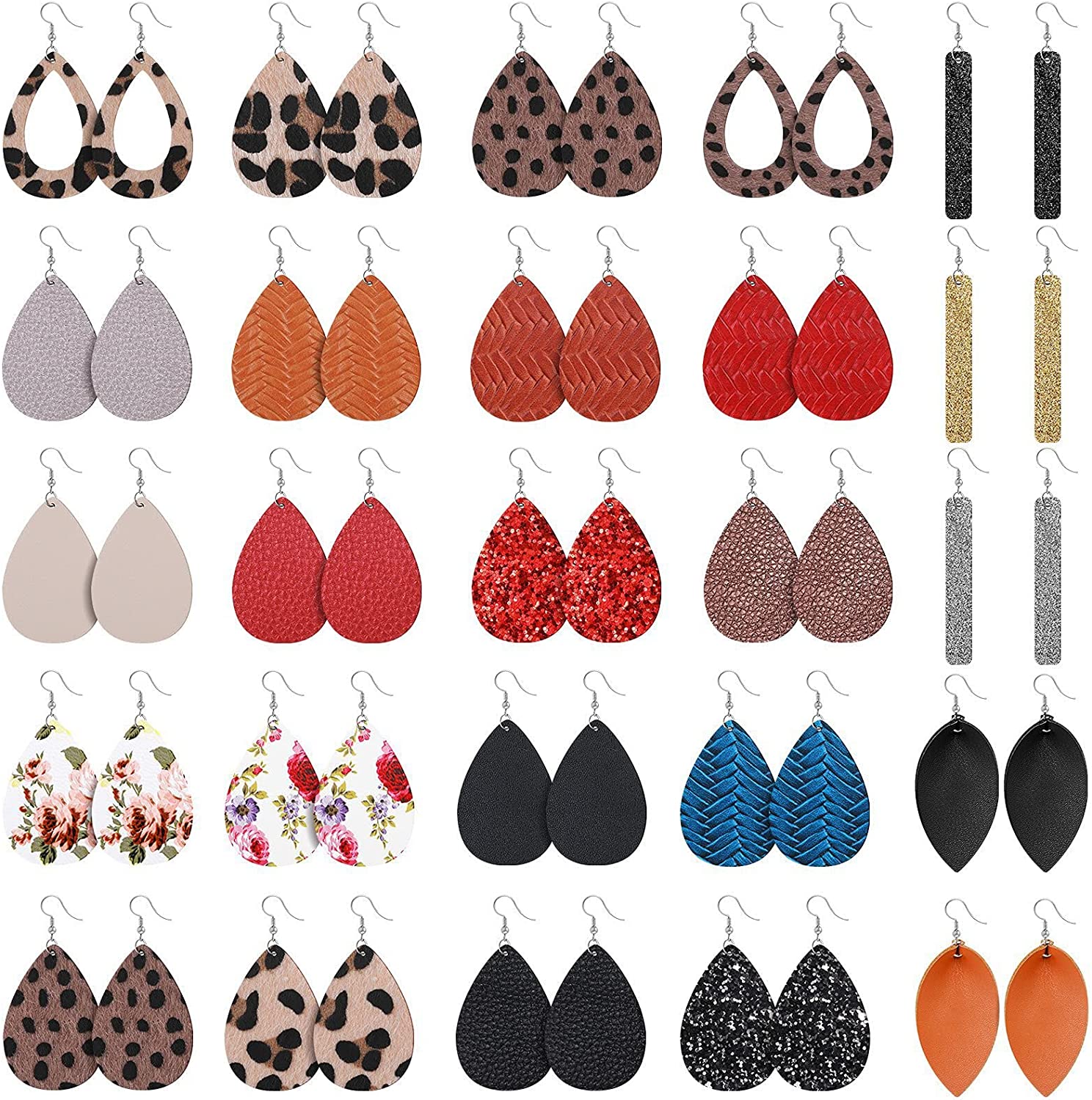 25 Pairs Faux Leather Earrings Teardrop Dangle Earrings Lightweight Leaf Earrings
