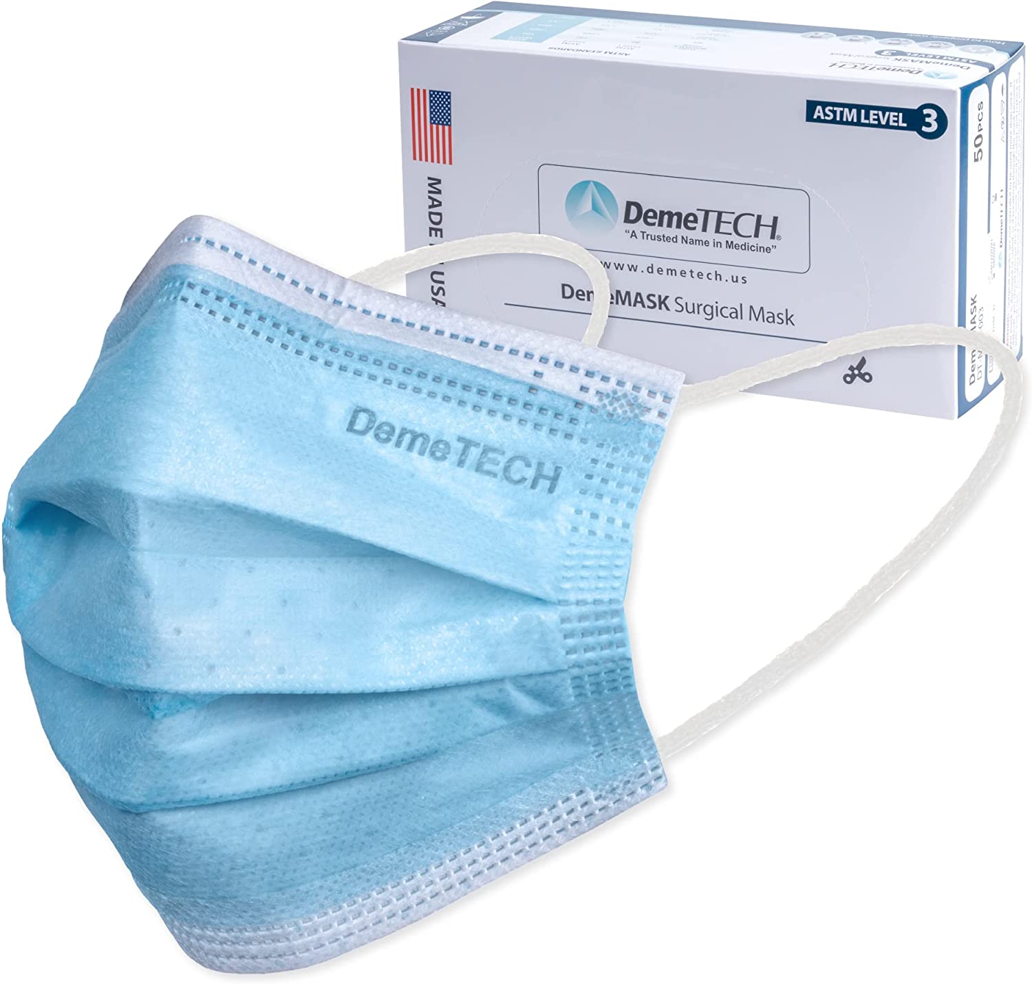 DEMETECH ASTM Level 3 Highly Protective 3 Layer Face Mask with Ear Loops - Made in the USA