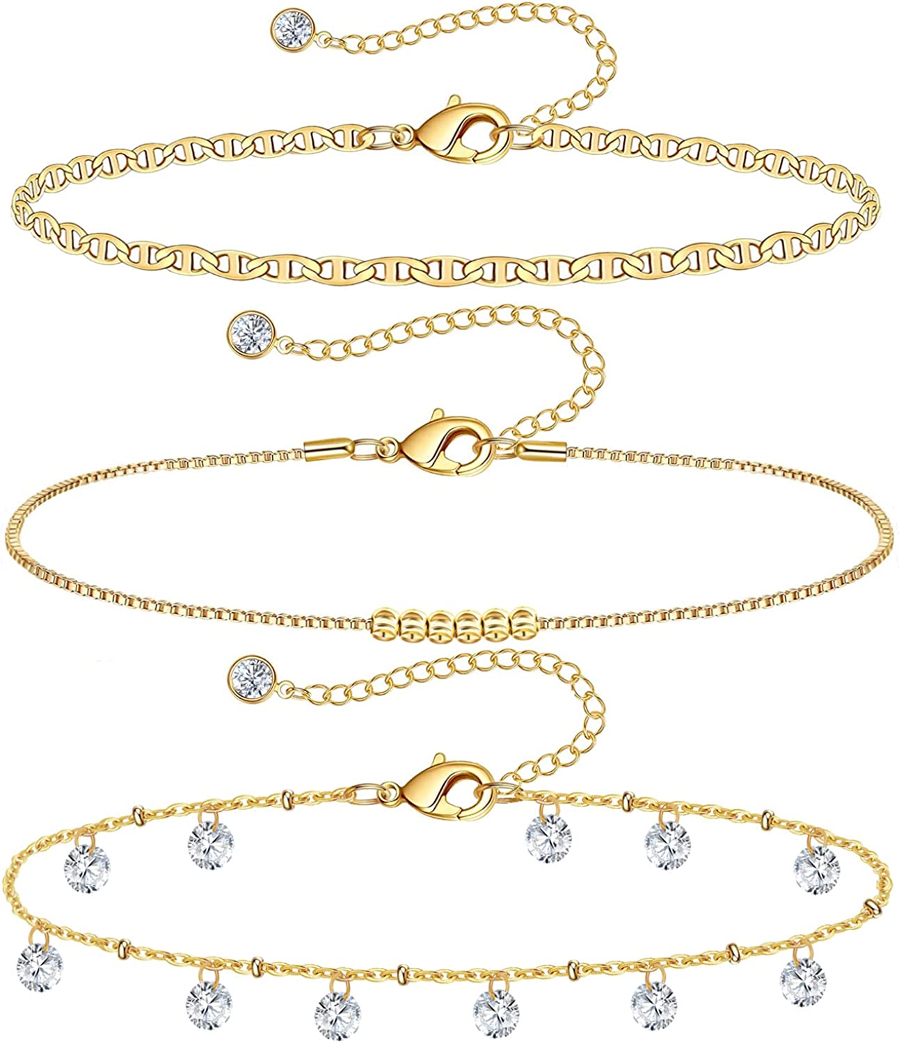 Gold Ankle Bracelets for Women 14k Gold Plated Anklet Silver Rose Gold Evil Eye Tennis Crystal Cubic Zirconia Faux Diamond Rhinestone Anklet Dainty Layered Anklet Set 3Pcs