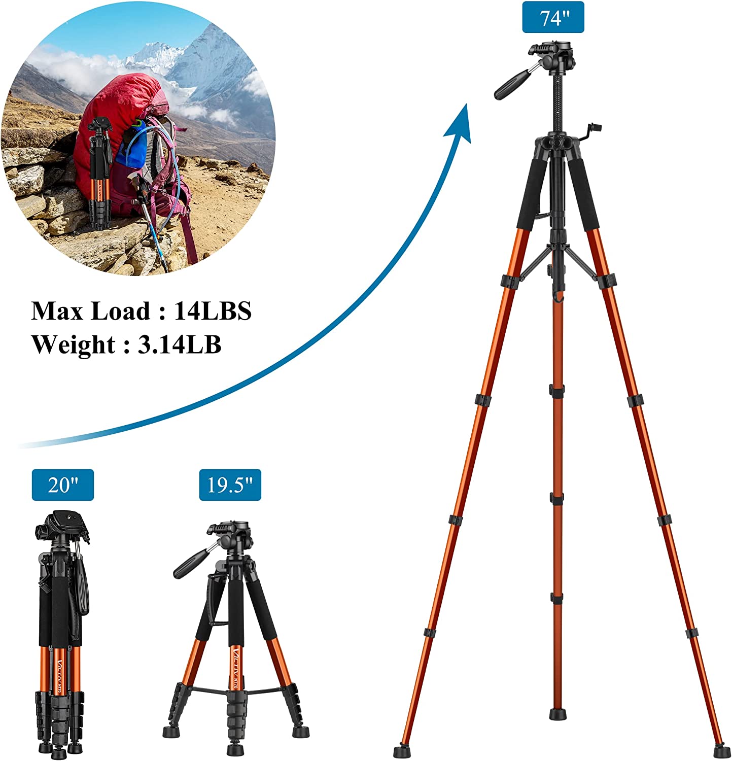 VICTIV 74” Camera Tripod for iPhone Canon Nikon, Lightweight Travel Tripod with Carry Bag, Aluminum Professional Camera Tripod Stand for DSLR/SLR