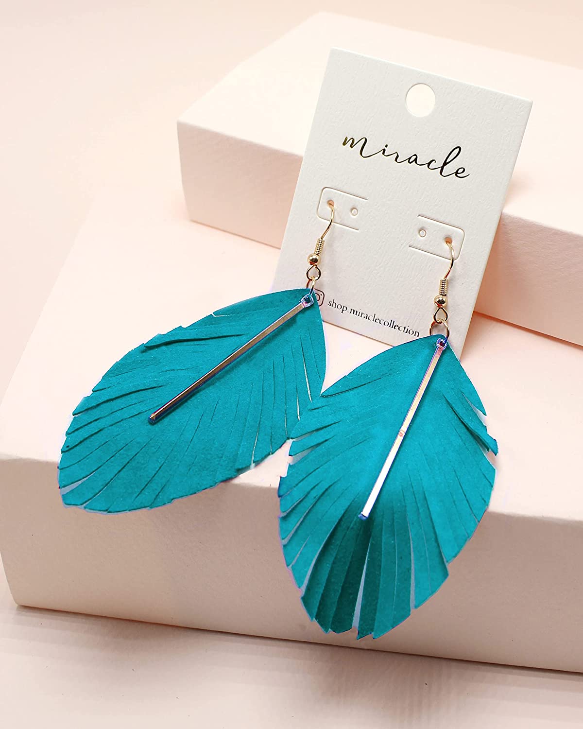 Miracle Collection Lightweight Genuine Soft Leather Fringe Leaf with Simple Drop Metal Bar Dangle Earring for Women and Girls