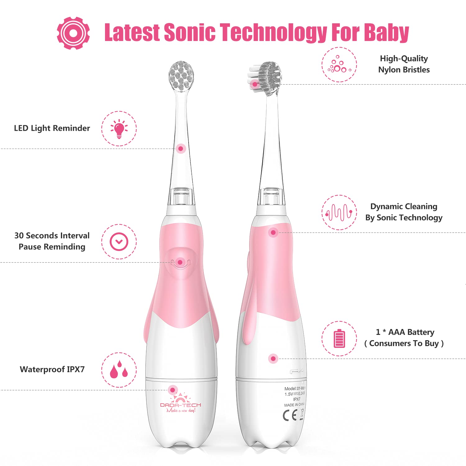 DADA-TECH Baby Electric Toothbrush, Toddler Teeth Brushes with Smart LED Timer and Sonic Technology for Infants Ages 0-3 Years (Blue)