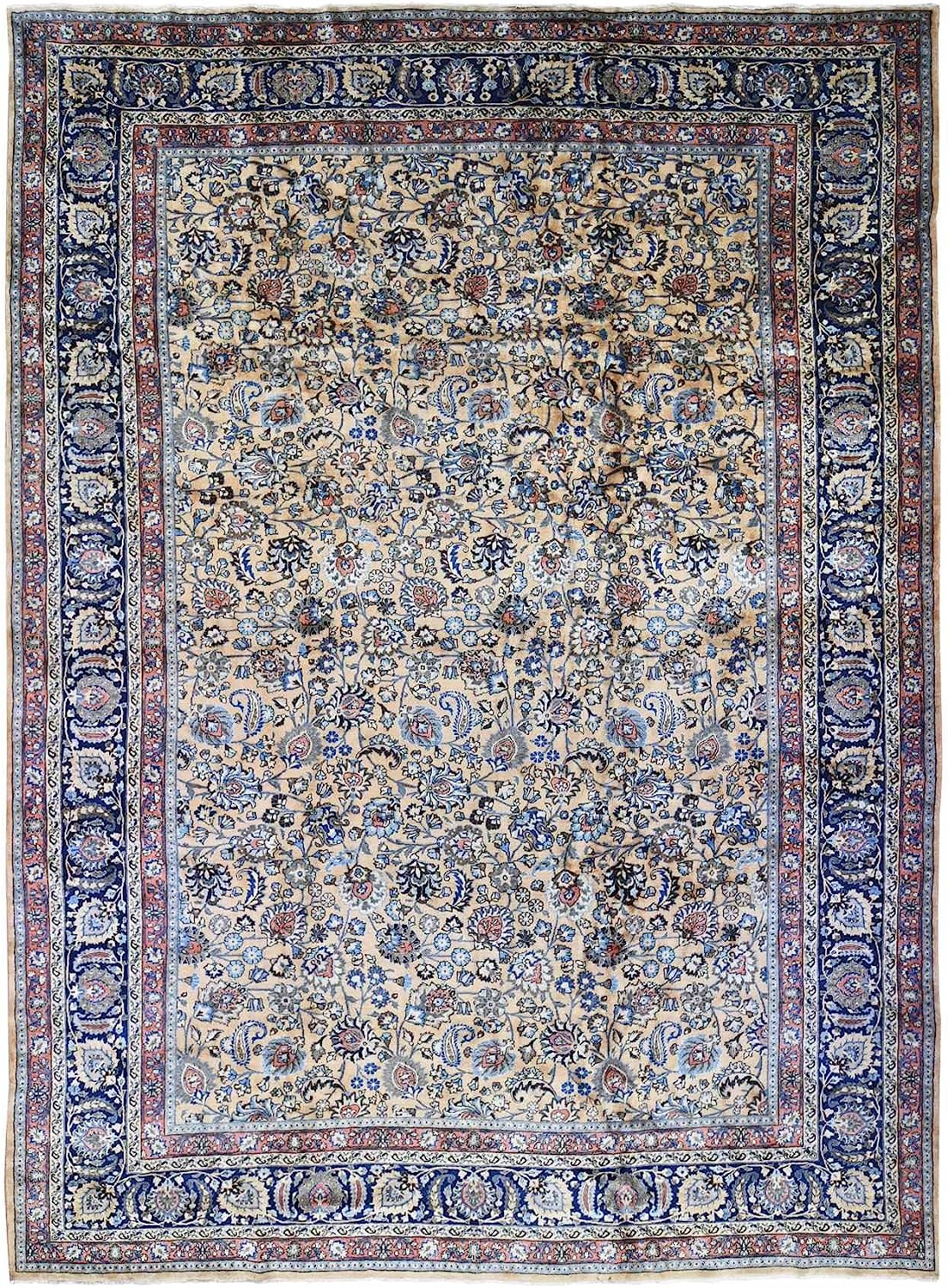 Shahbanu Rugs Ivory, Antique Farsian Mashad, Hand Knotted, 100% Wool, Oversized Rug (11'9" x 16'4")
