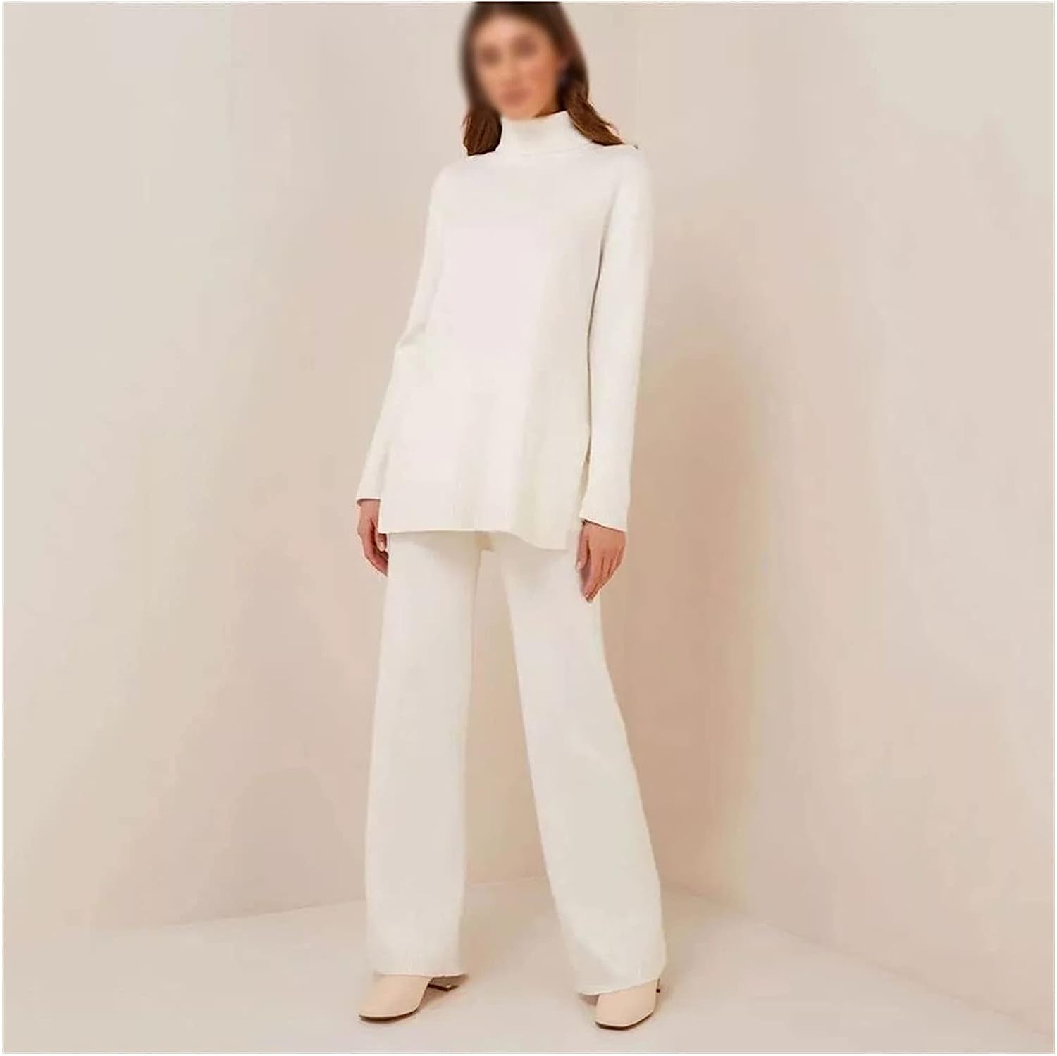 Walnut Autumn and Winter Knitted Solid Color Turtleneck Loose Sweater Wide-Leg Pants Casual Two-Piece Suit (Color : D, Size : S Code)