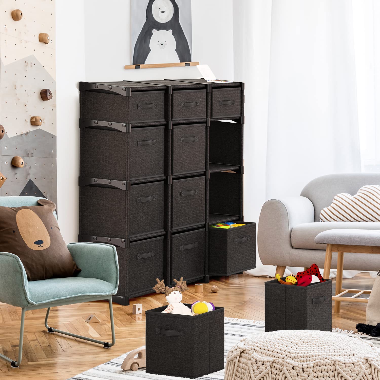 12 Cube Storage Organizer, Black Storage Cubes Organizer Shelves, Sturdy Cubbies Storage Shelves with Cube Storage Organizer Bins, DIY Cube Shelf Organizer for Bedroom, Playroom, Office, & Dorm, Black