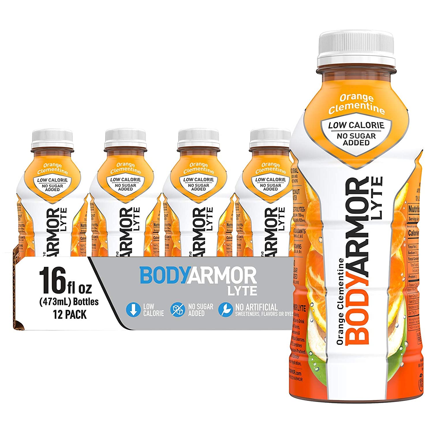 BODYARMOR LYTE Sports Drink Low-Calorie Sports Beverage， Orange Clementine - Orange Citrus， Natural Flavors With Vitamins， Potassium-Packed Electrolytes， Perfect For Athletes， 16 Fl Oz (Pack of 12)