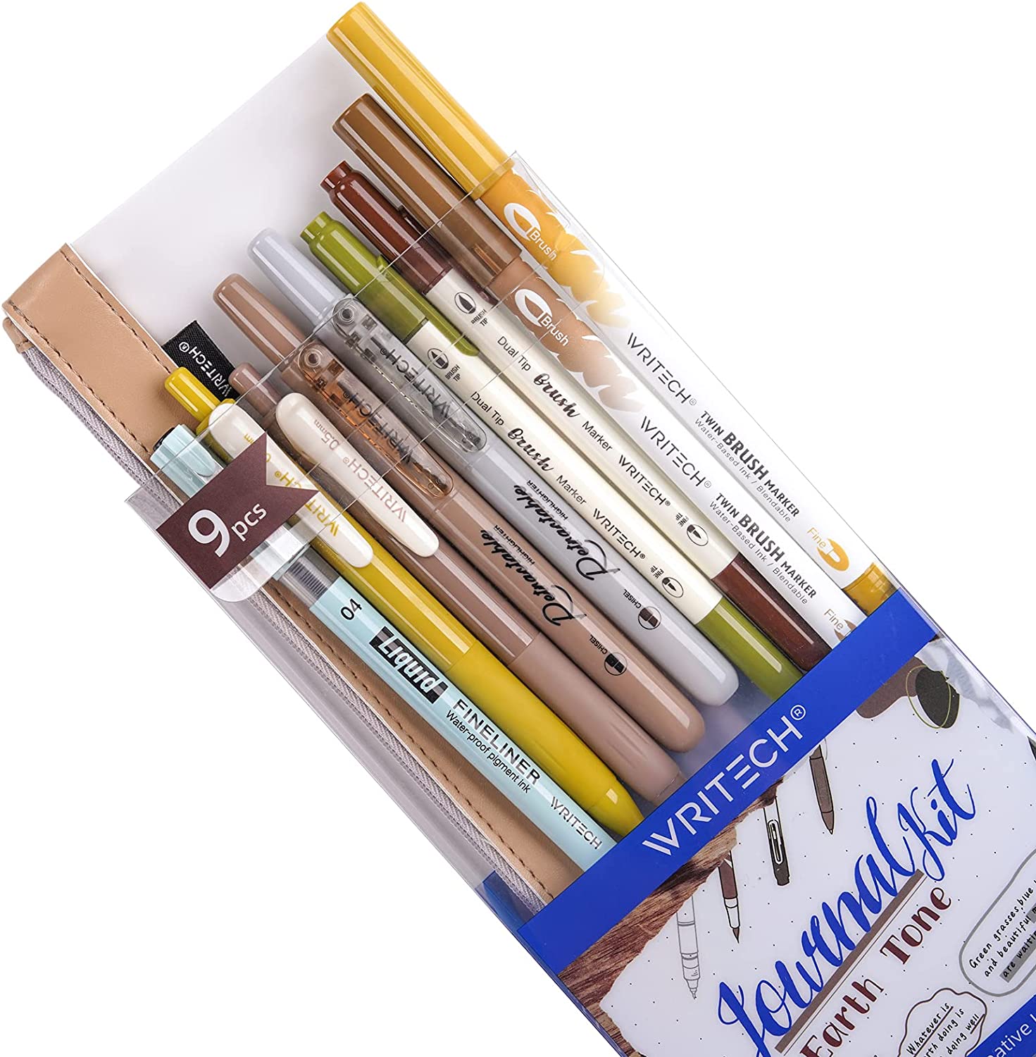 Writech Journaling Gel Pens Highlighters: 0.5mm Fine Point Retractable Gel Ink Pen Assorted Colored Highlighter Fineliner Multicolor Dual Tip Brush Marker Bulk Extra Smooth No Bleed 9ct (Earth Tone)