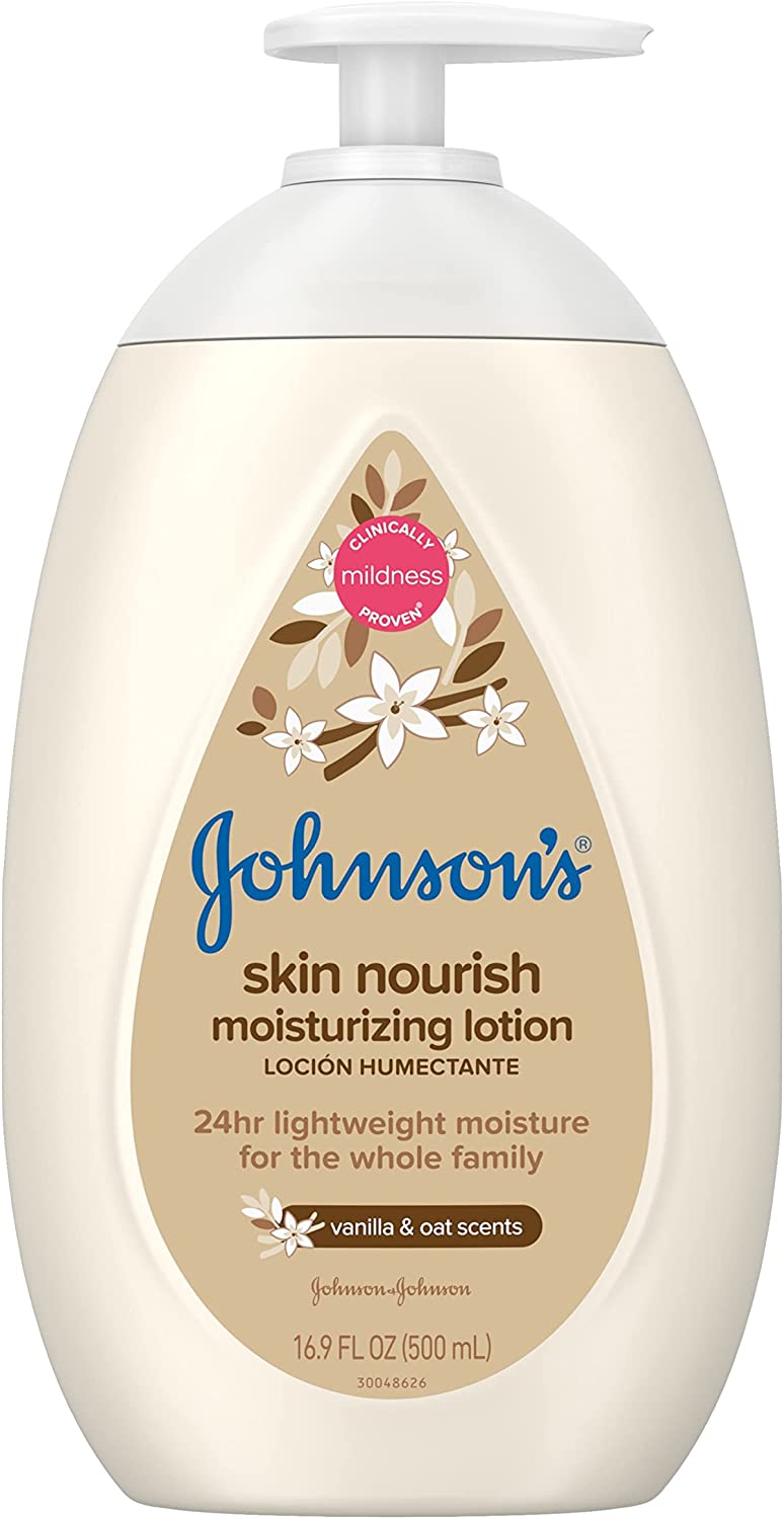Johnson&#39;s Skin Nourish Moisturizing Baby Lotion for Dry Skin with Vanilla &amp; Oat Scents， Gentle &amp; Lightweight Body Lotion for The Whole Family， Hypoallergenic， Dye-Free， 16.9 fl. oz