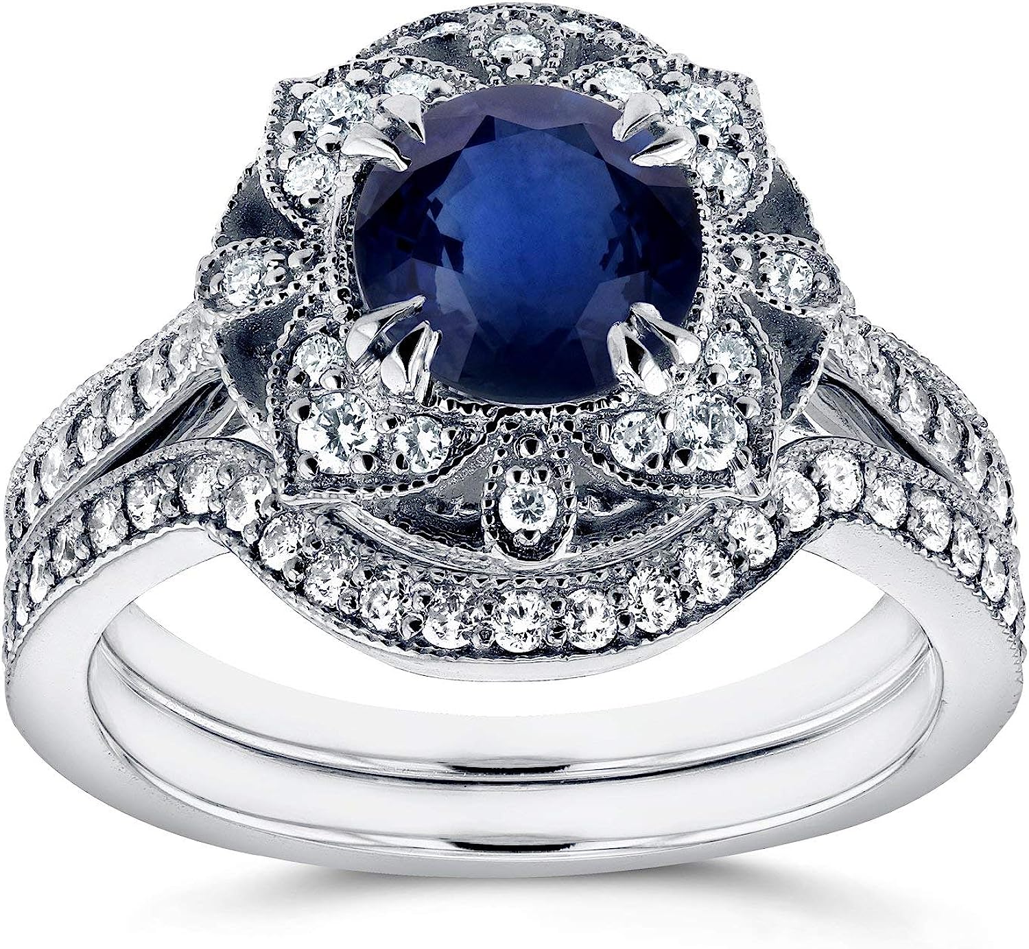 Kobelli Antique Style Floral Round Sapphire and Diamond Bridal Set 1 3/4 CTW in 14k White Gold