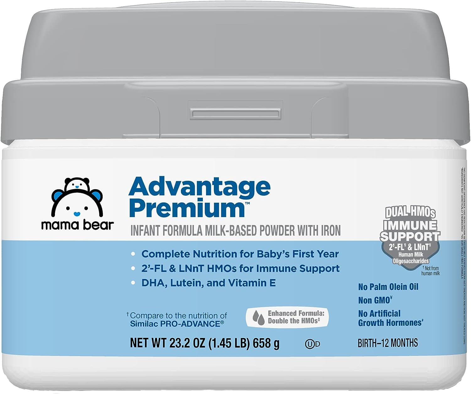 Amazon Brand - Mama Bear Advantage Baby Formula Powder with Iron, 2'-FL HMO for Immune Support, Infant Formula, 23.2 Ounce