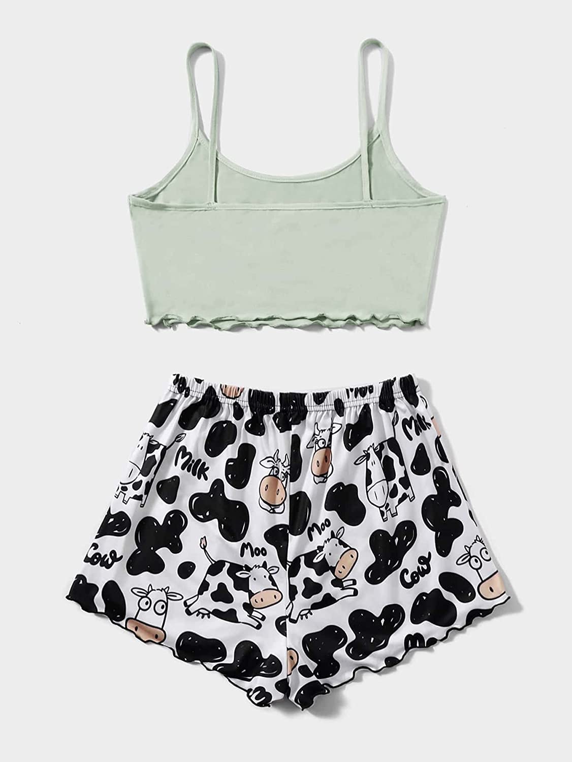 SheIn Women's Sleepwear Set Cow Print Cami Top with Drawstring Shorts Casual Cute Pajama Set