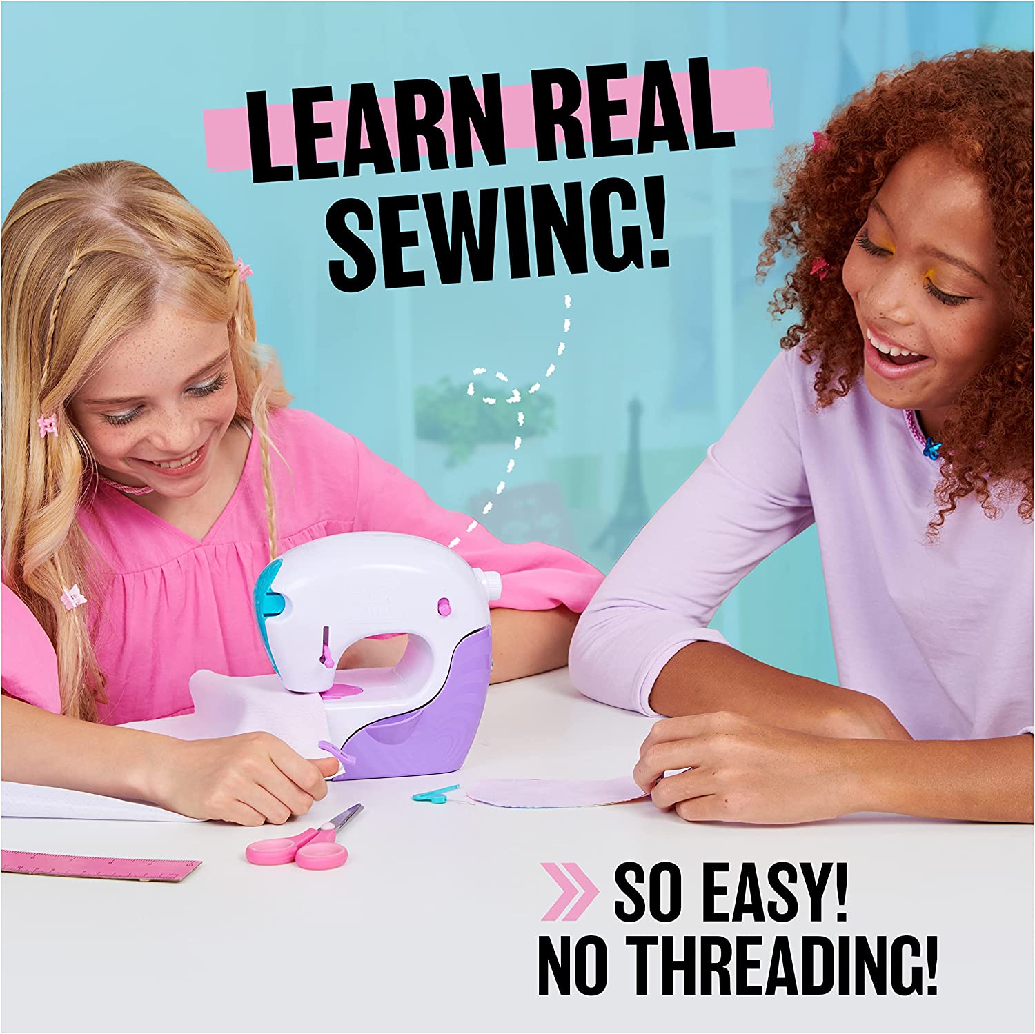 Cool Maker, Stitch ‘N Style Fashion Studio, Pre-Threaded Sewing Machine Toy with Fabric and Water Transfer Prints, Arts & Crafts Kids Toys for Girls