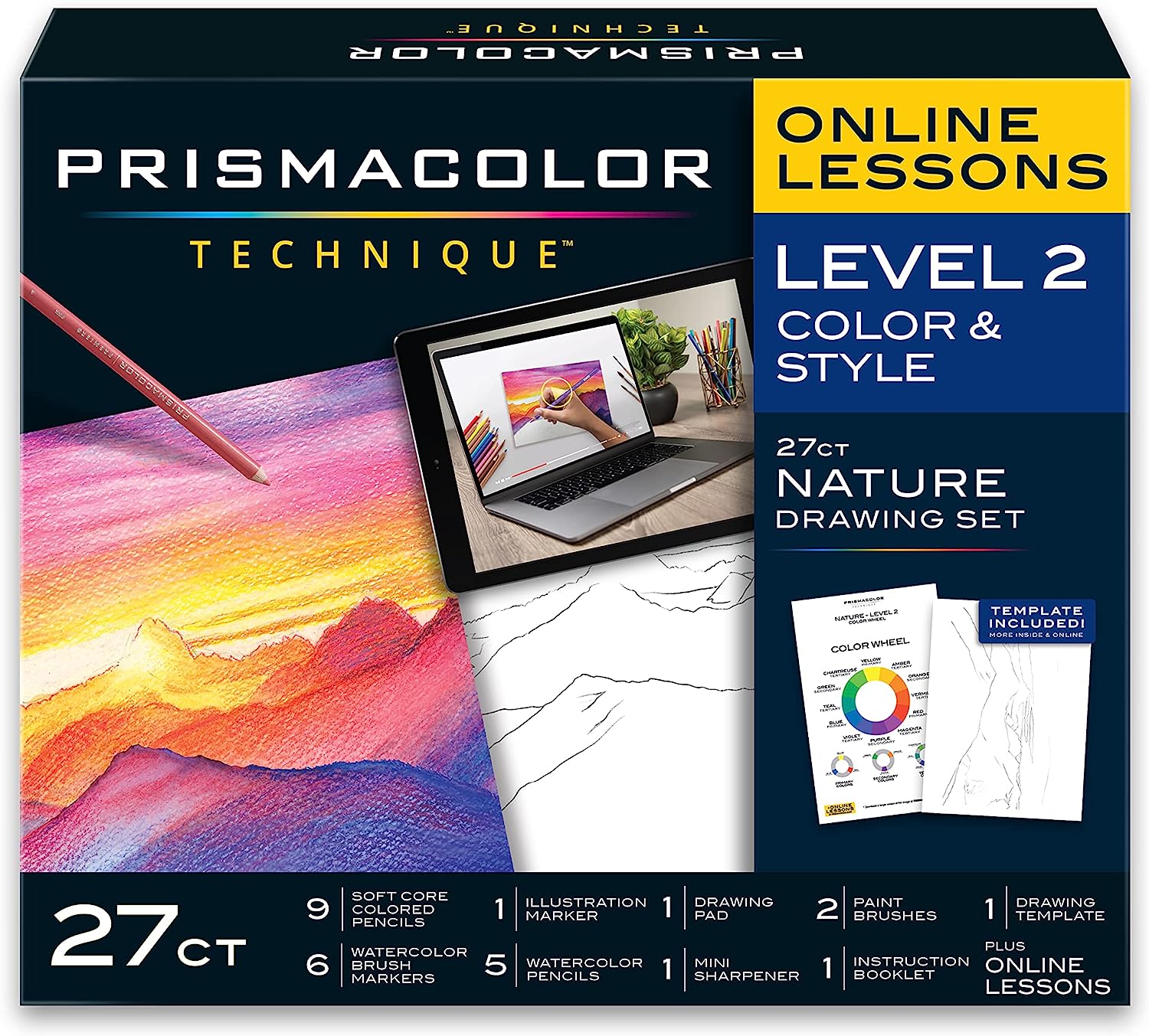 Prismacolor Technique, Art Supplies and Digital Art Lessons, Nature Drawing Set, Level 2, Includes Colored / Watercolor Pencils, Brush Markers, and More, Sunset Landscape Drawing, 27 Ct